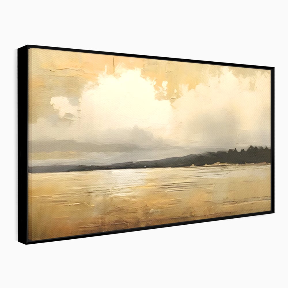 Tablou canvas cu pictura orizontala cu apus pe lac, in rama de aluminiu negru